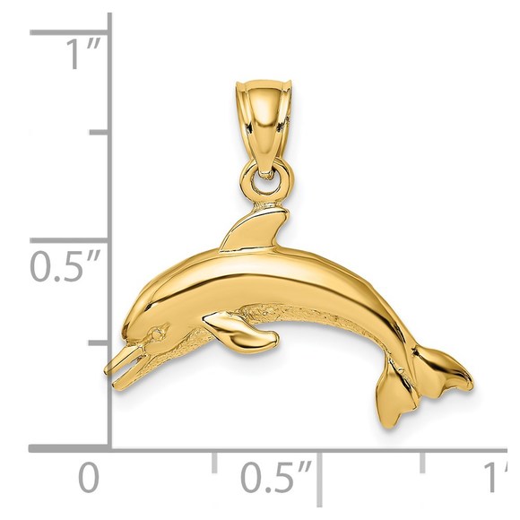14k Yellow Gold Textured/Polished Dolphin Jumping Necklace Charm Pendant - Picture 3 of 4